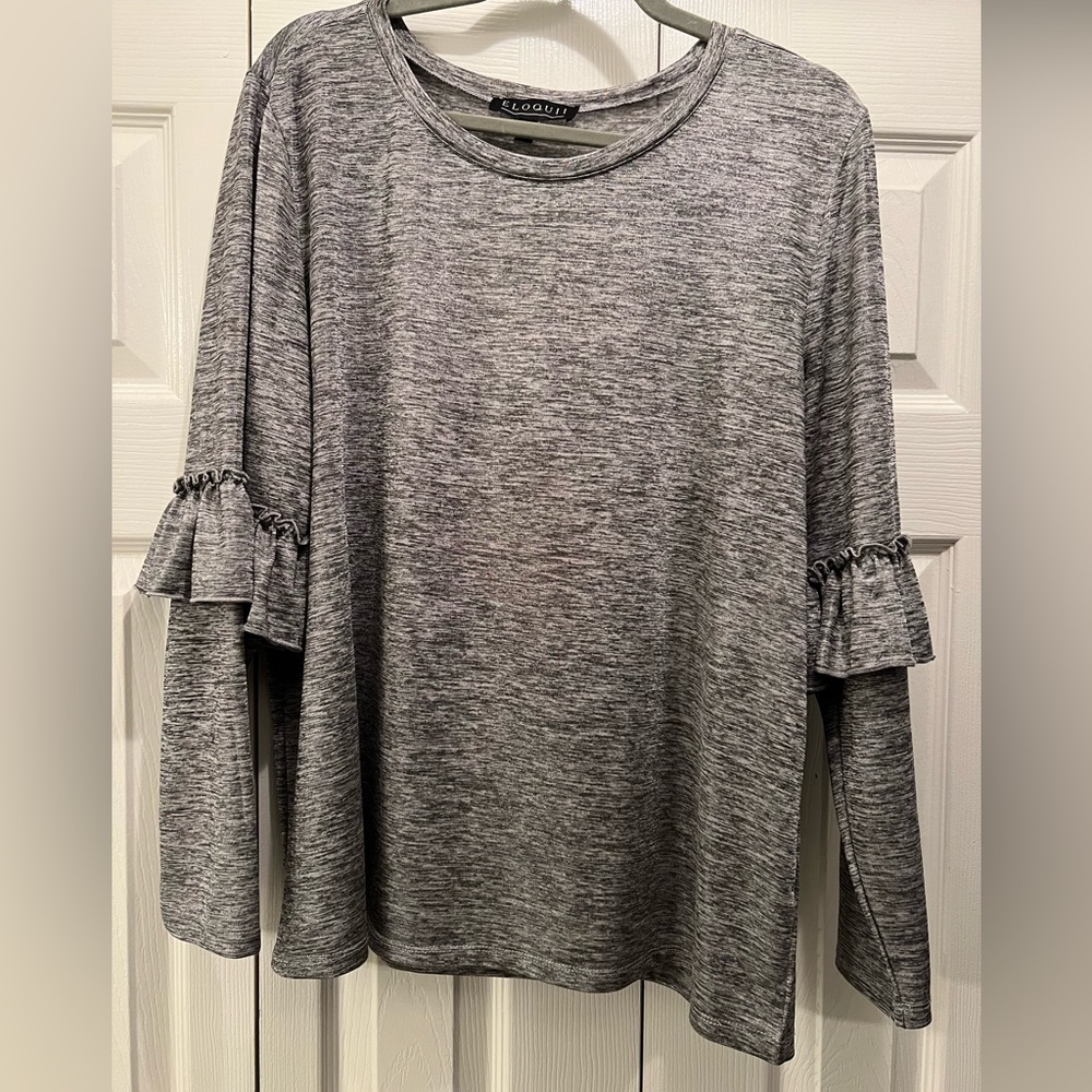 Eloquii Crew Neck Top with Ruffle Sleeve and Metallic Thread